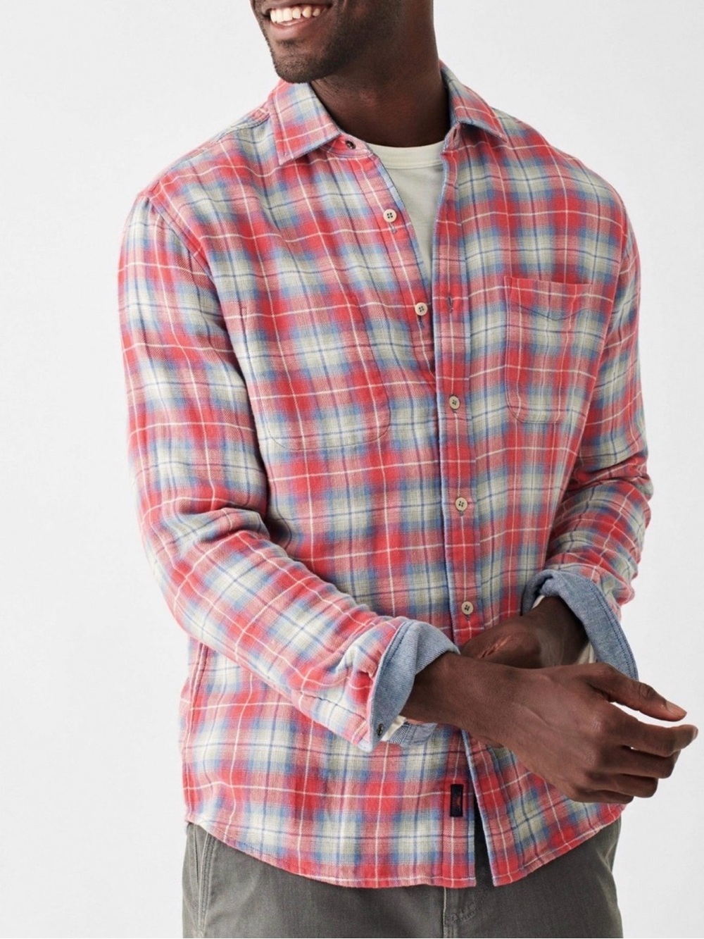 Faherty Reversible Red and Blue Plaid Button-Down Shirt